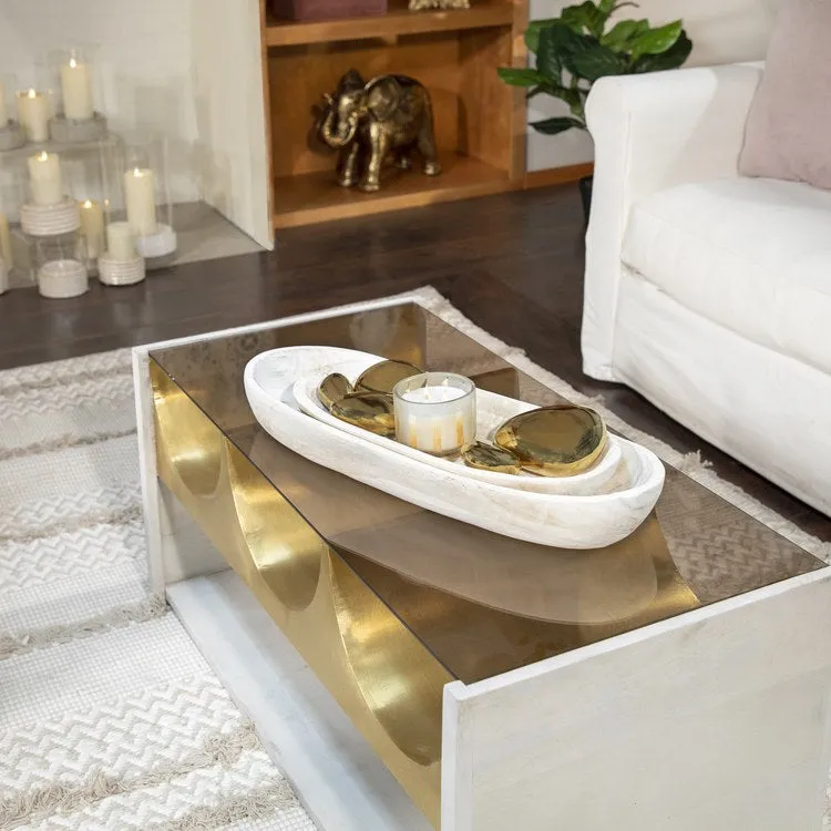 18"/24" Decorative Oblong Wood Bowls Set of 2 - White