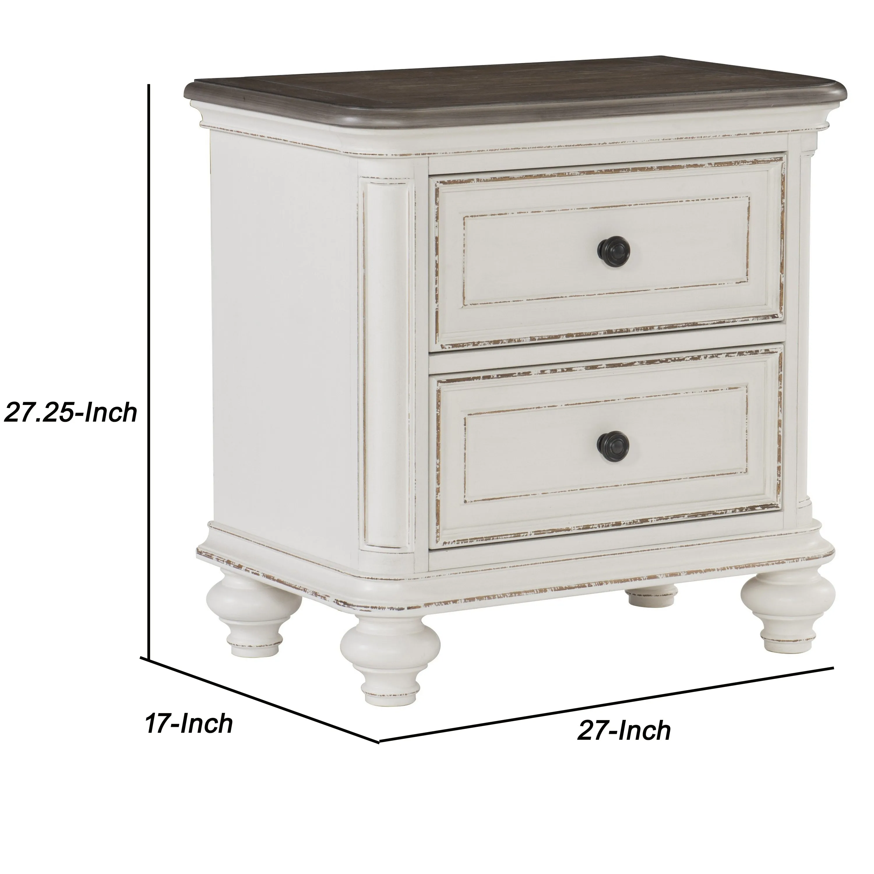 2 Drawer Wooden Nightstand With Distressed Details, Antique White And Brown By Benzara