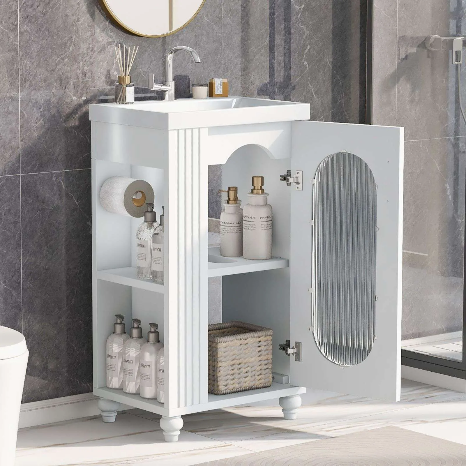20" White Bathroom Vanity with Sink, Two-Tier Shelf & Adjustable Solid Wood Cabinet