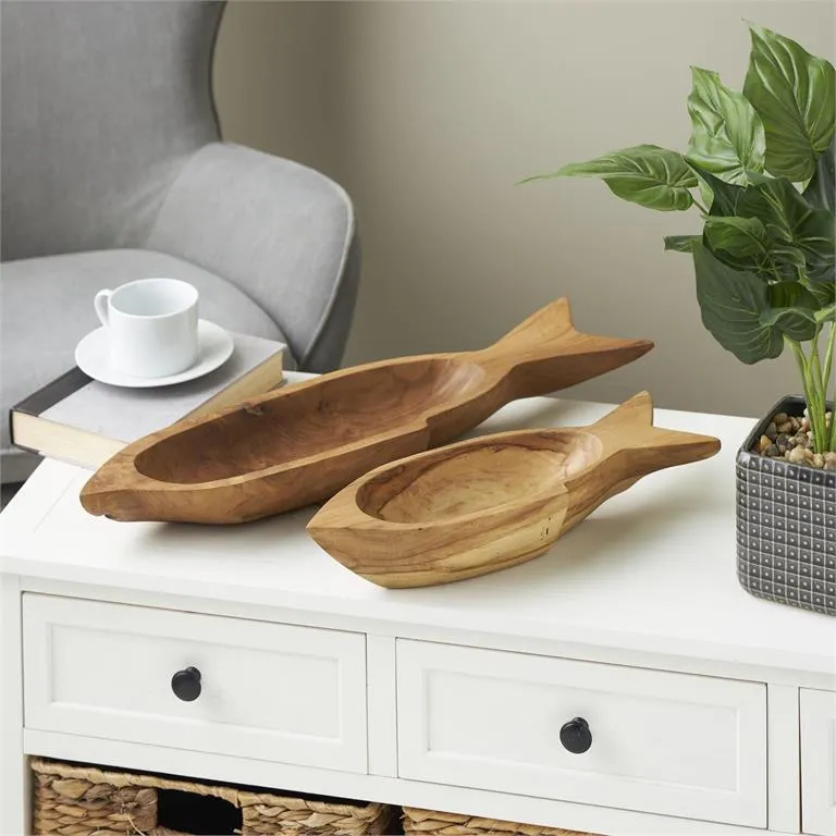 2pc Carved Fish Tray Set in Brown
