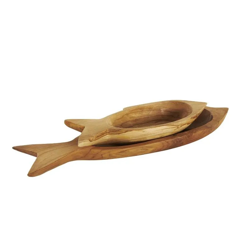 2pc Carved Fish Tray Set in Brown