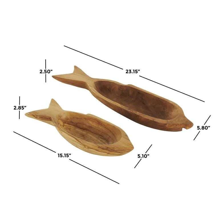 2pc Carved Fish Tray Set in Brown