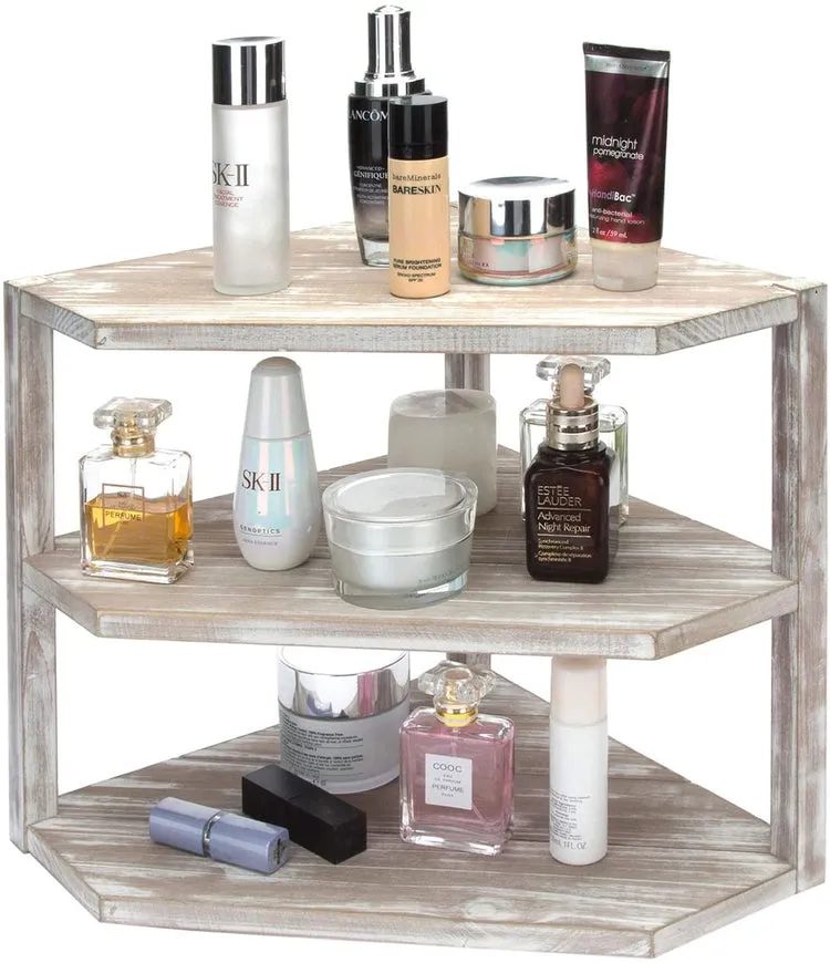3-Tier Whitewashed Brown Wood Kitchen Counter Top Corner Organizer Shelf