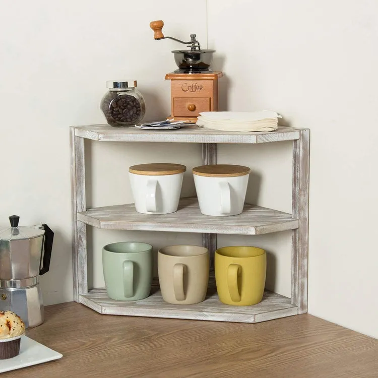 3-Tier Whitewashed Brown Wood Kitchen Counter Top Corner Organizer Shelf