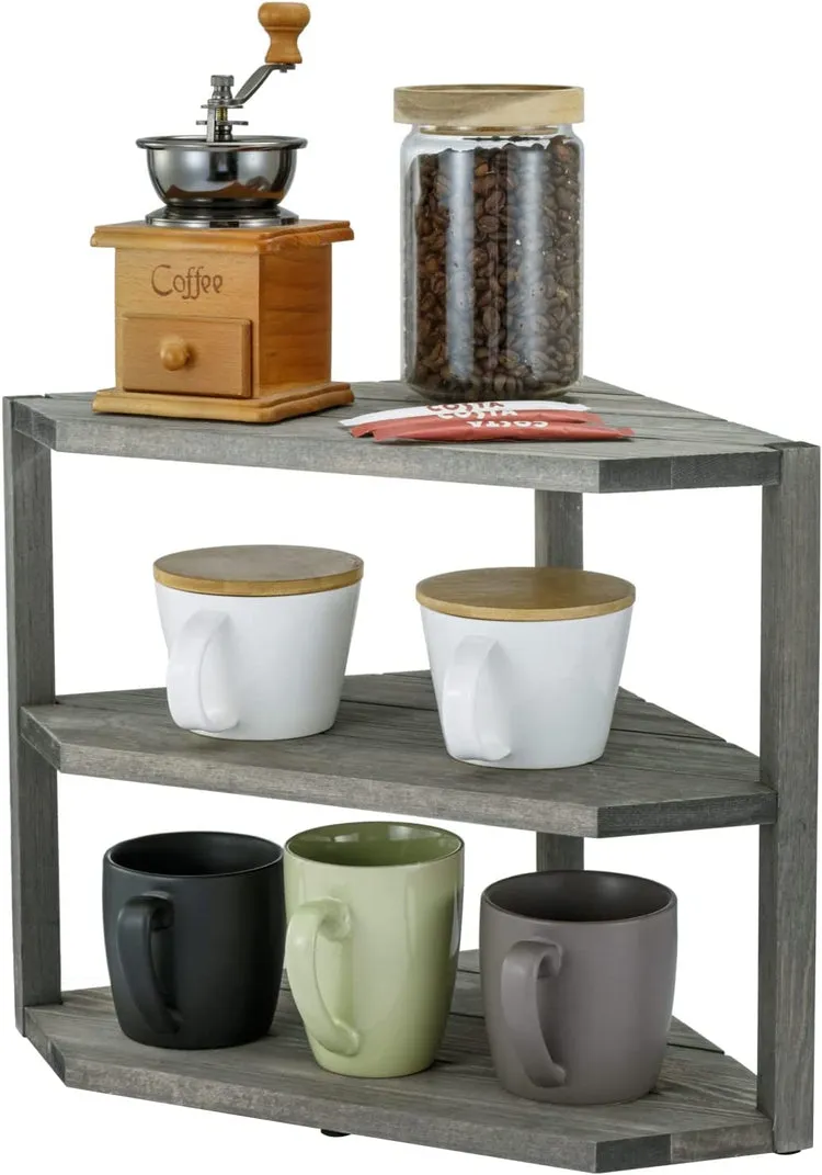 3-Tiered Weathered Gray Wood Kitchen Countertop Corner Organizer Shelf