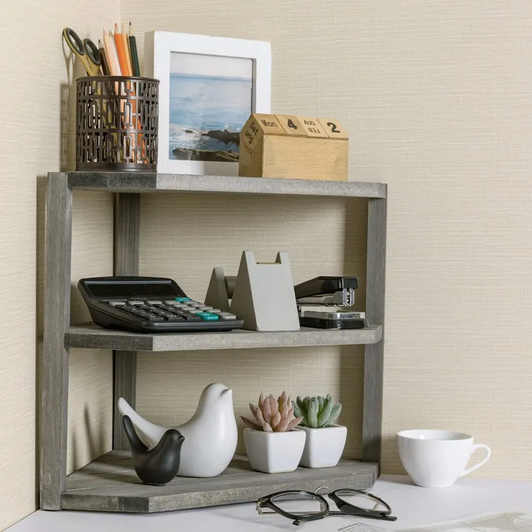3-Tiered Weathered Gray Wood Kitchen Countertop Corner Organizer Shelf