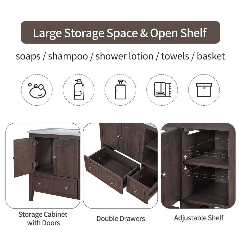 36" Brown Bathroom Vanity with Ceramic Basin, Bathroom Storage Cabinet with Two Doors and Drawers