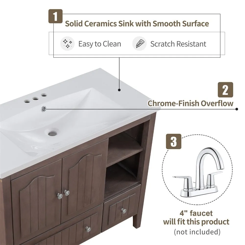 36" Brown Bathroom Vanity with Ceramic Basin, Bathroom Storage Cabinet with Two Doors and Drawers