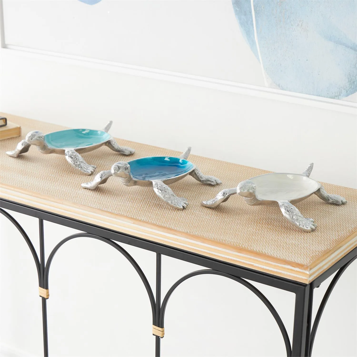 3pc Decorative Turtle Bowl Set in Teal/Blue/Cream