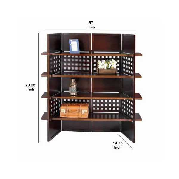 4 Shelf Wooden Bookcase Room Divider With Cutout Design, Brown By Benzara