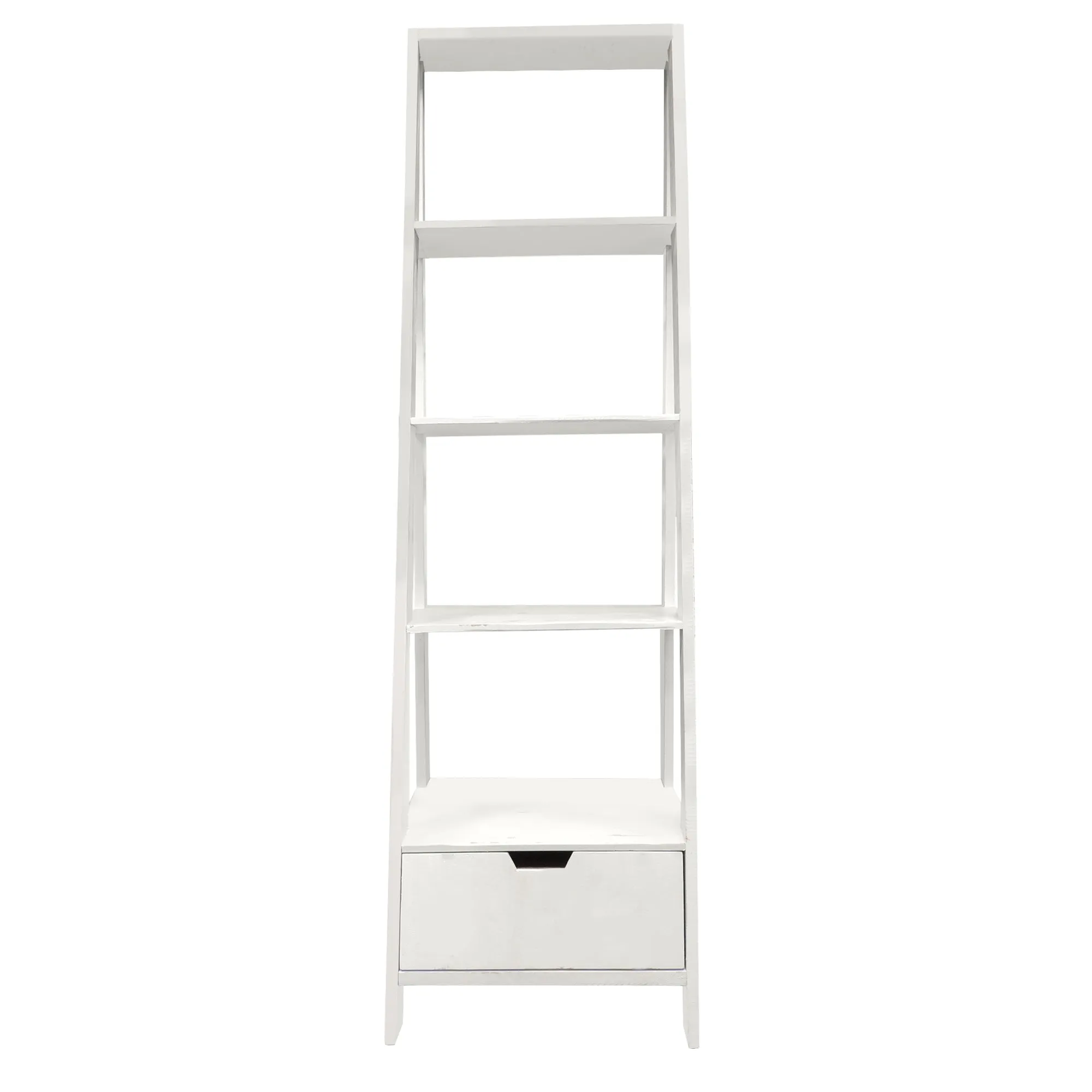 4 Shelf Wooden Ladder Bookcase With Bottom Drawer, Antique White By Benzara