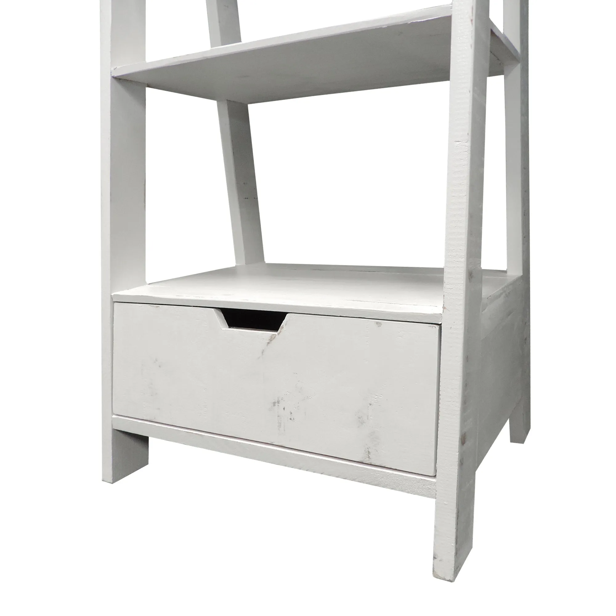 4 Shelf Wooden Ladder Bookcase With Bottom Drawer, Antique White By Benzara