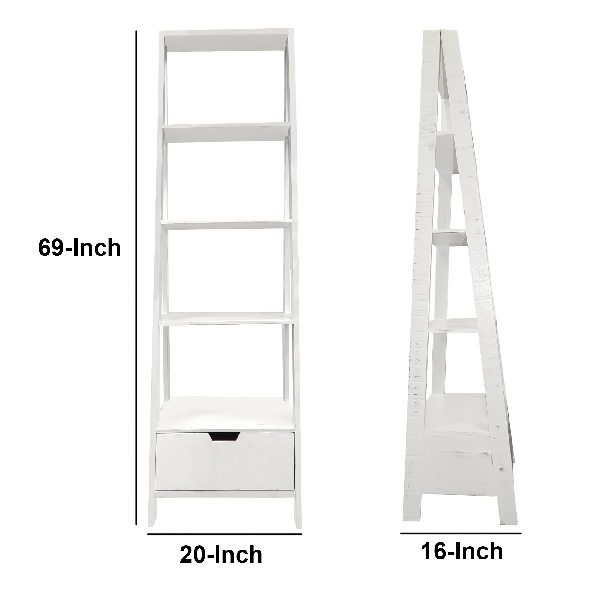 4 Shelf Wooden Ladder Bookcase With Bottom Drawer, Antique White By Benzara