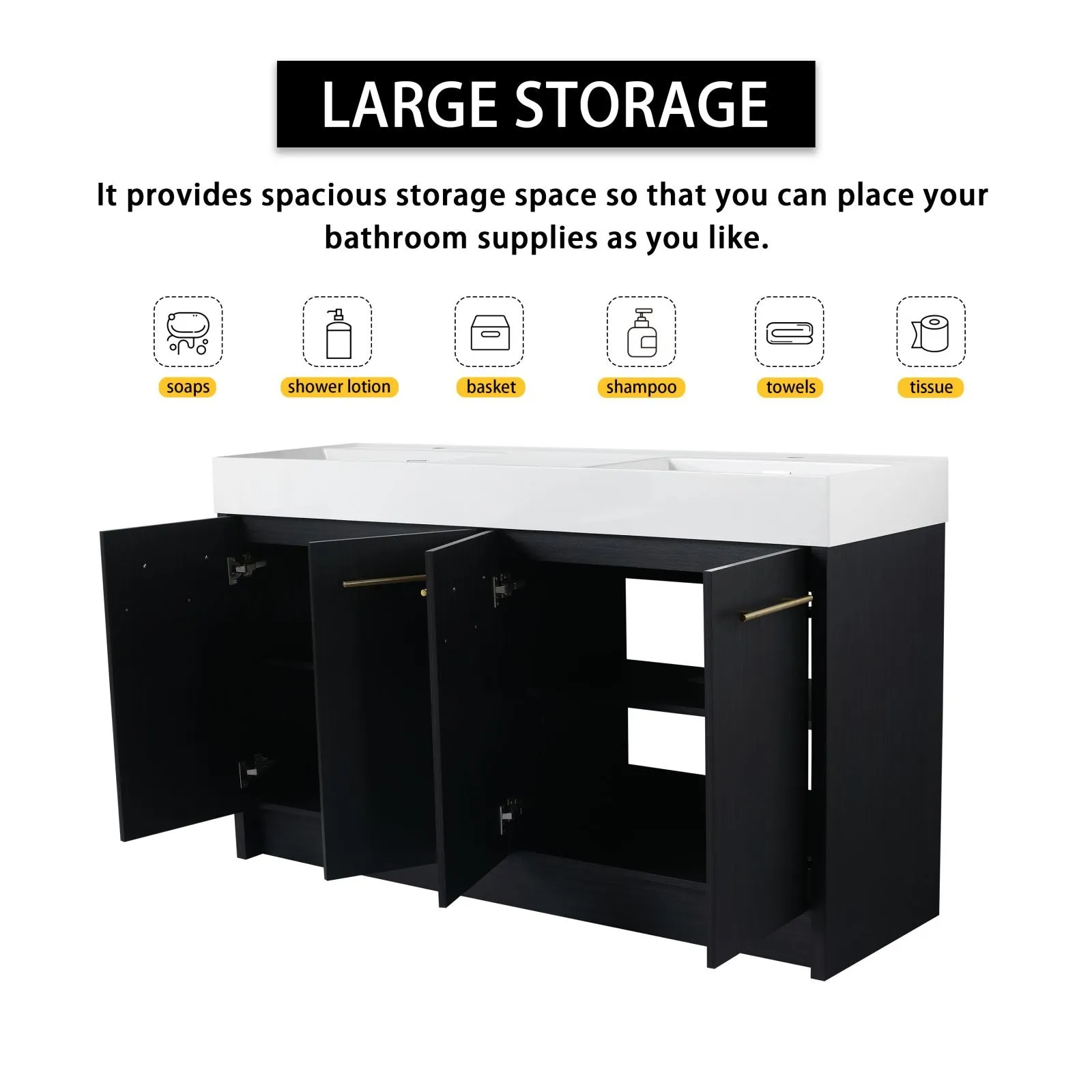 60" Black Chestnut Freestanding Bathroom Vanity with Double Resin Sinks & Soft-Close Doors