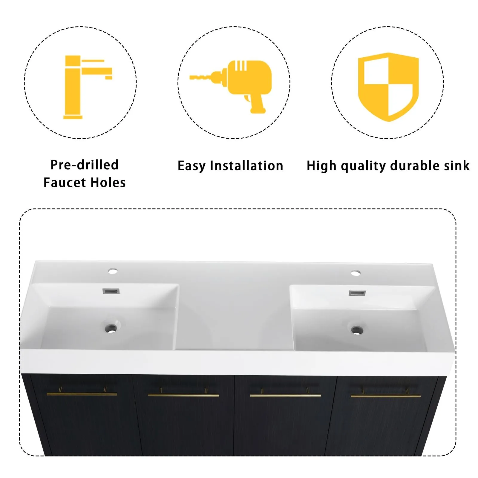 60" Black Chestnut Freestanding Bathroom Vanity with Double Resin Sinks & Soft-Close Doors