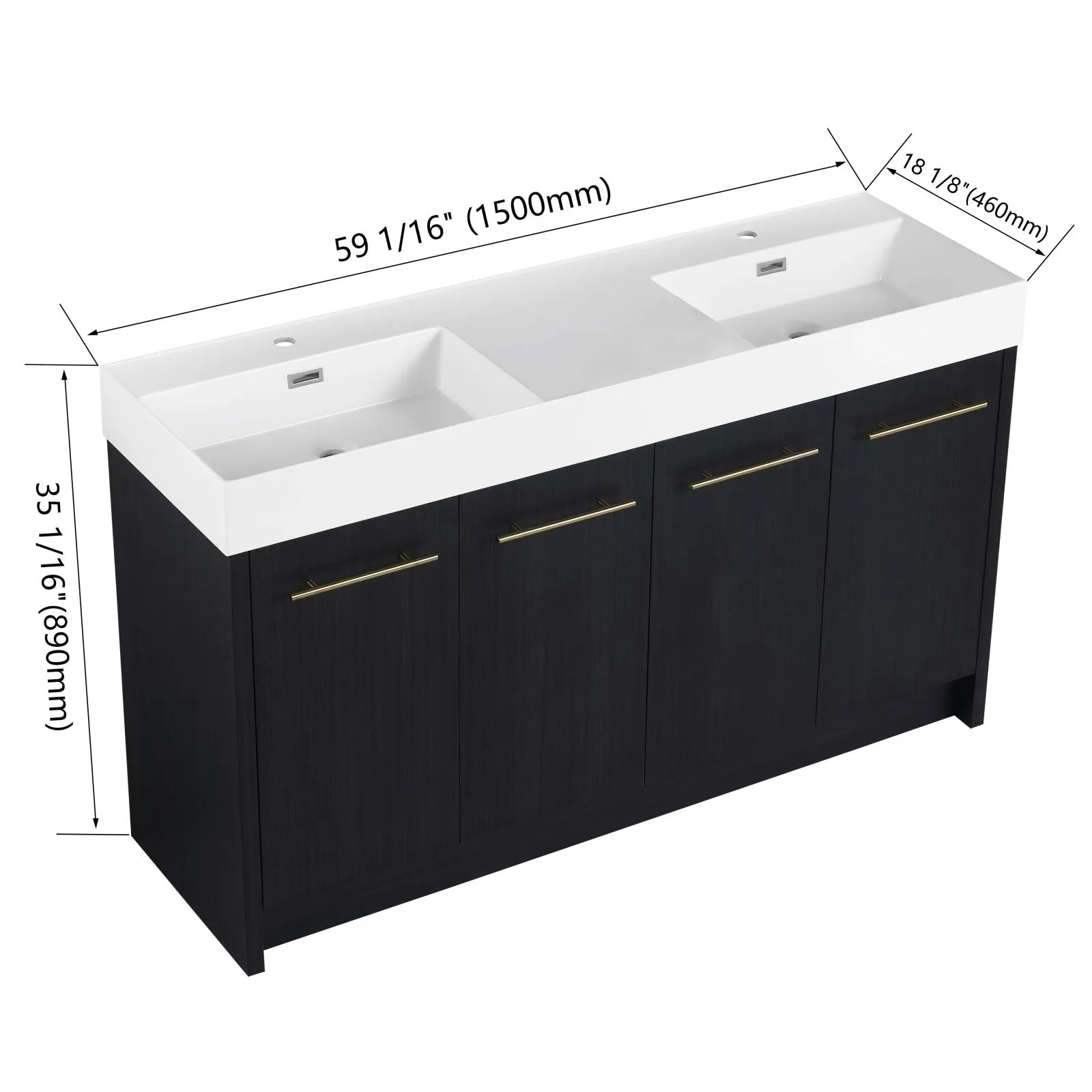 60" Black Chestnut Freestanding Bathroom Vanity with Double Resin Sinks & Soft-Close Doors