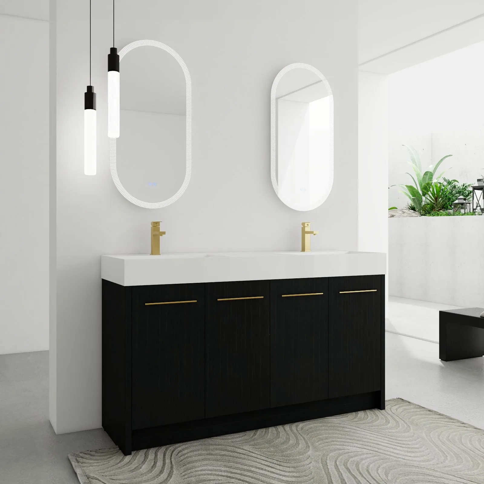 60" Black Chestnut Freestanding Bathroom Vanity with Double Resin Sinks & Soft-Close Doors