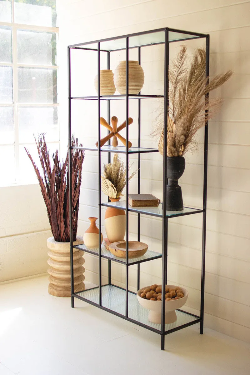 Antique Black Metal Display Unit With Fluted Glass Shelves By Kalalou