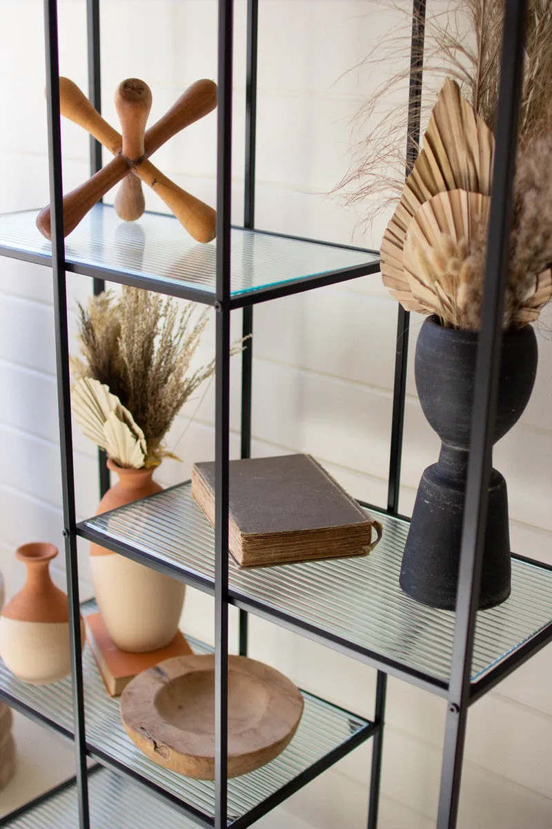 Antique Black Metal Display Unit With Fluted Glass Shelves By Kalalou