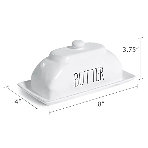 Barnyard Designs Ceramic Butter Dish with Lid for Countertop, Large Butter Holder, Butter Crock for Counter, Covered Butter Dish for Refrigerator, Farmhouse Dishes Kitchen Decor, White, 8" x 4"