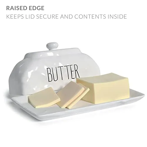 Barnyard Designs Ceramic Butter Dish with Lid for Countertop, Large Butter Holder, Butter Crock for Counter, Covered Butter Dish for Refrigerator, Farmhouse Dishes Kitchen Decor, White, 8" x 4"