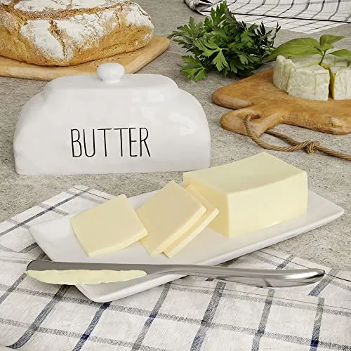 Barnyard Designs Ceramic Butter Dish with Lid for Countertop, Large Butter Holder, Butter Crock for Counter, Covered Butter Dish for Refrigerator, Farmhouse Dishes Kitchen Decor, White, 8" x 4"