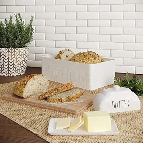 Barnyard Designs Ceramic Butter Dish with Lid for Countertop, Large Butter Holder, Butter Crock for Counter, Covered Butter Dish for Refrigerator, Farmhouse Dishes Kitchen Decor, White, 8" x 4"