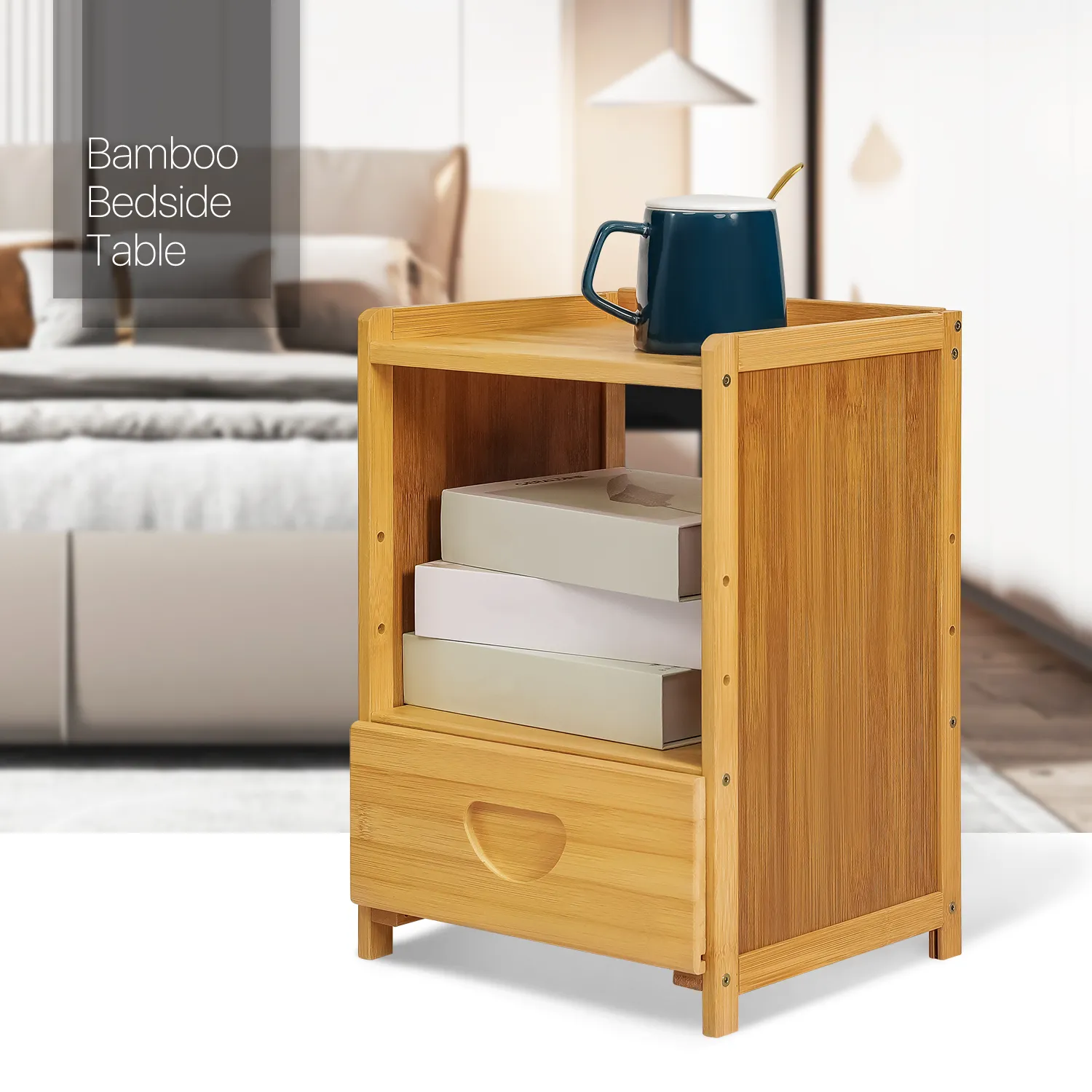 Bedside Cabinet Storage Shelf Nightstand - with Single Drawer
