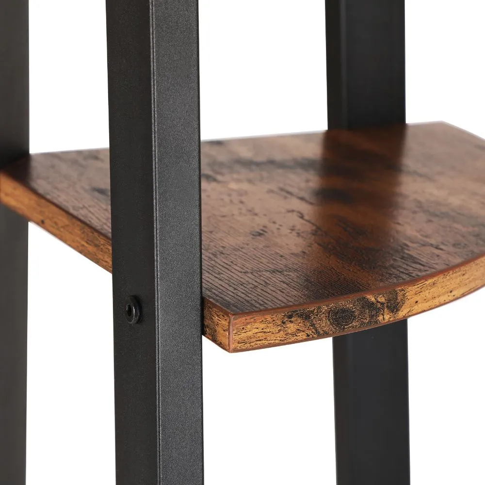 Four Tier Ladder Style Wooden Corner Shelf With Iron Framework, Brown And Black By Benzara