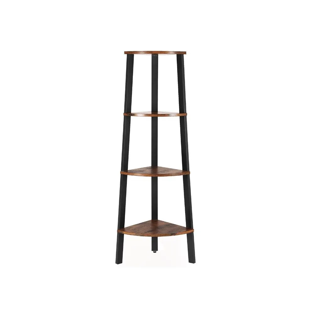 Four Tier Ladder Style Wooden Corner Shelf With Iron Framework, Brown And Black By Benzara