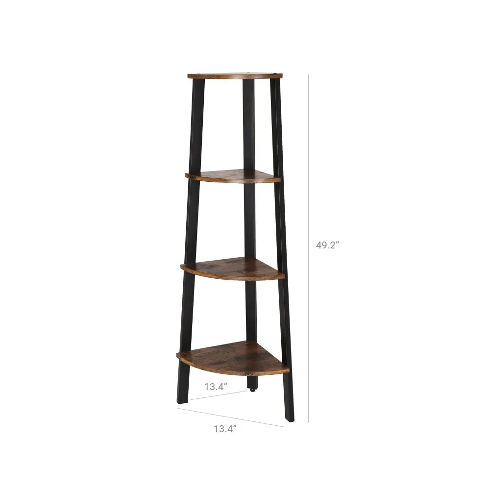 Four Tier Ladder Style Wooden Corner Shelf With Iron Framework, Brown And Black By Benzara