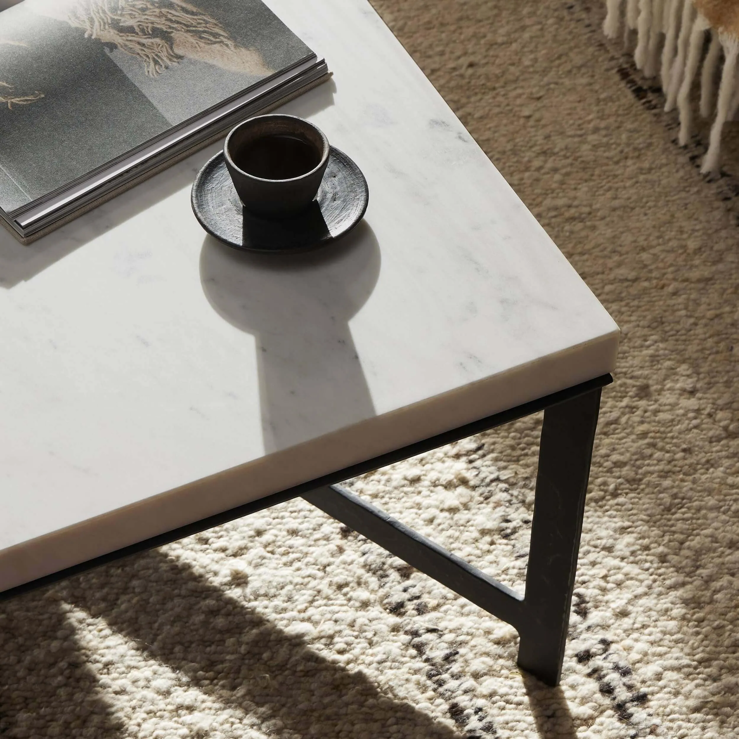 Hammered Iron Coffee Table, White Marble/Hammered Black