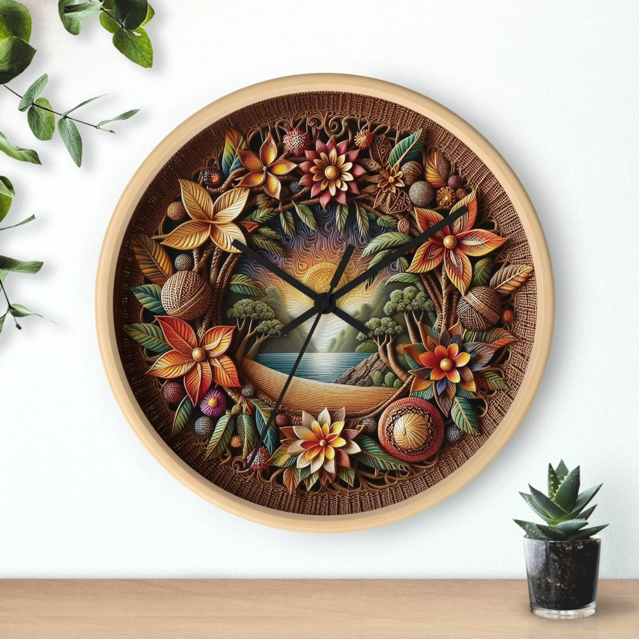 Nature-themed bohemian wicker look Wall Clock