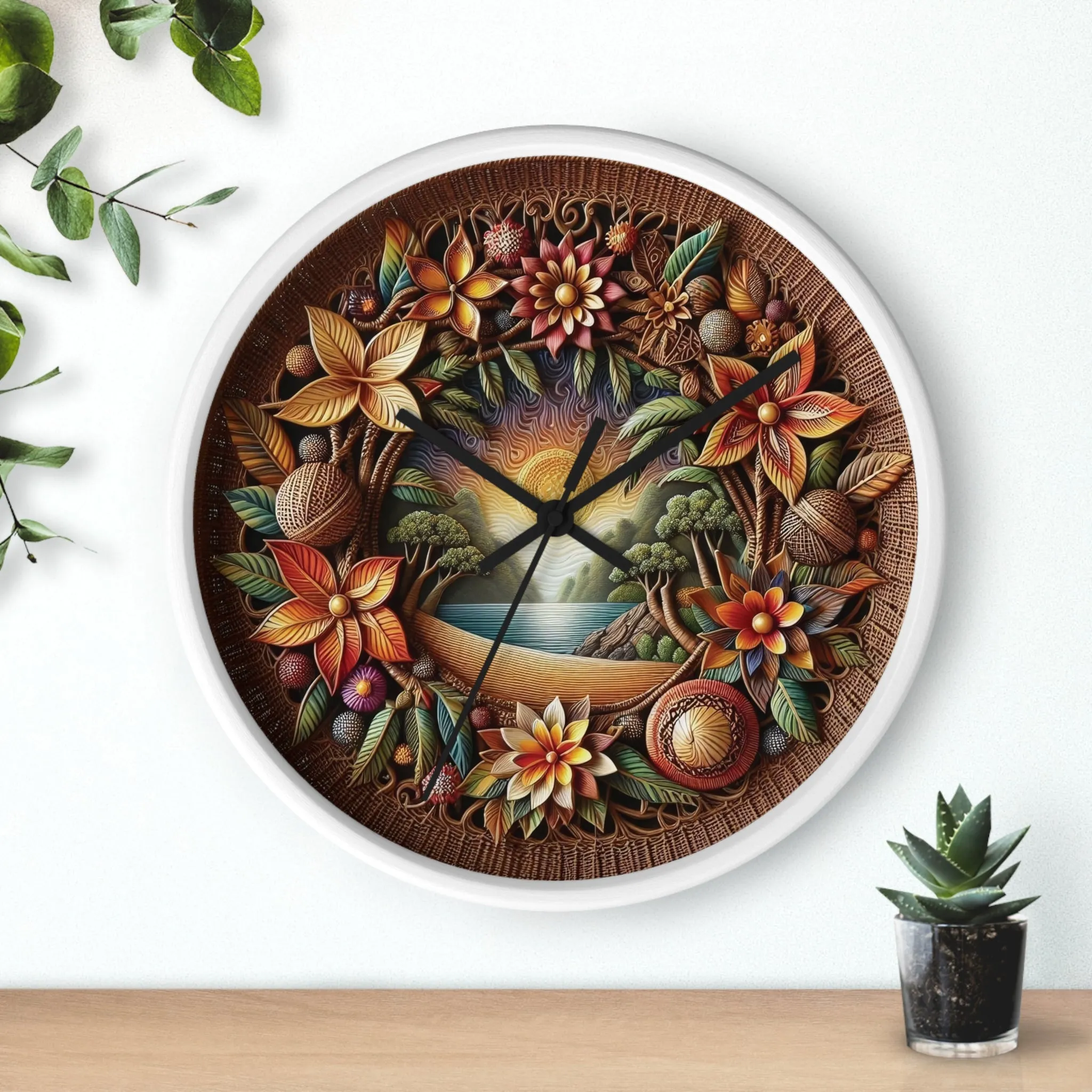 Nature-themed bohemian wicker look Wall Clock