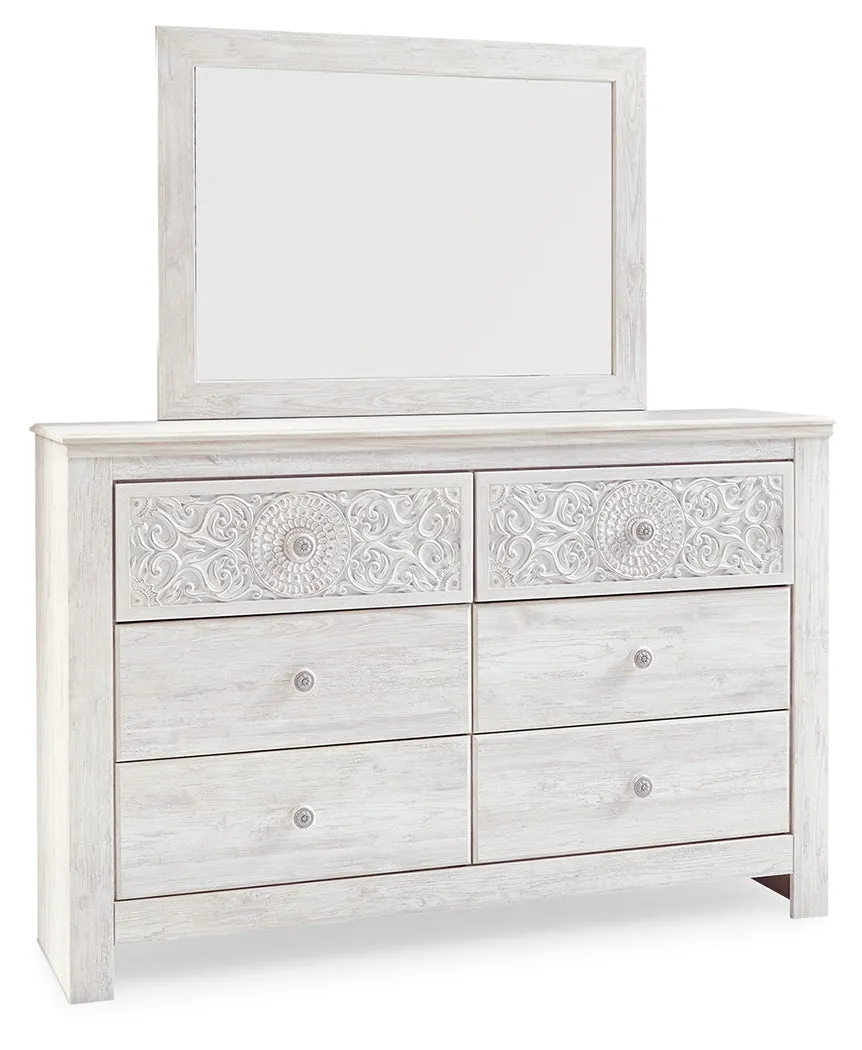 Paxberry Queen Panel Bed with Mirrored Dresser, Chest and 2 Nightstands in Whitewash