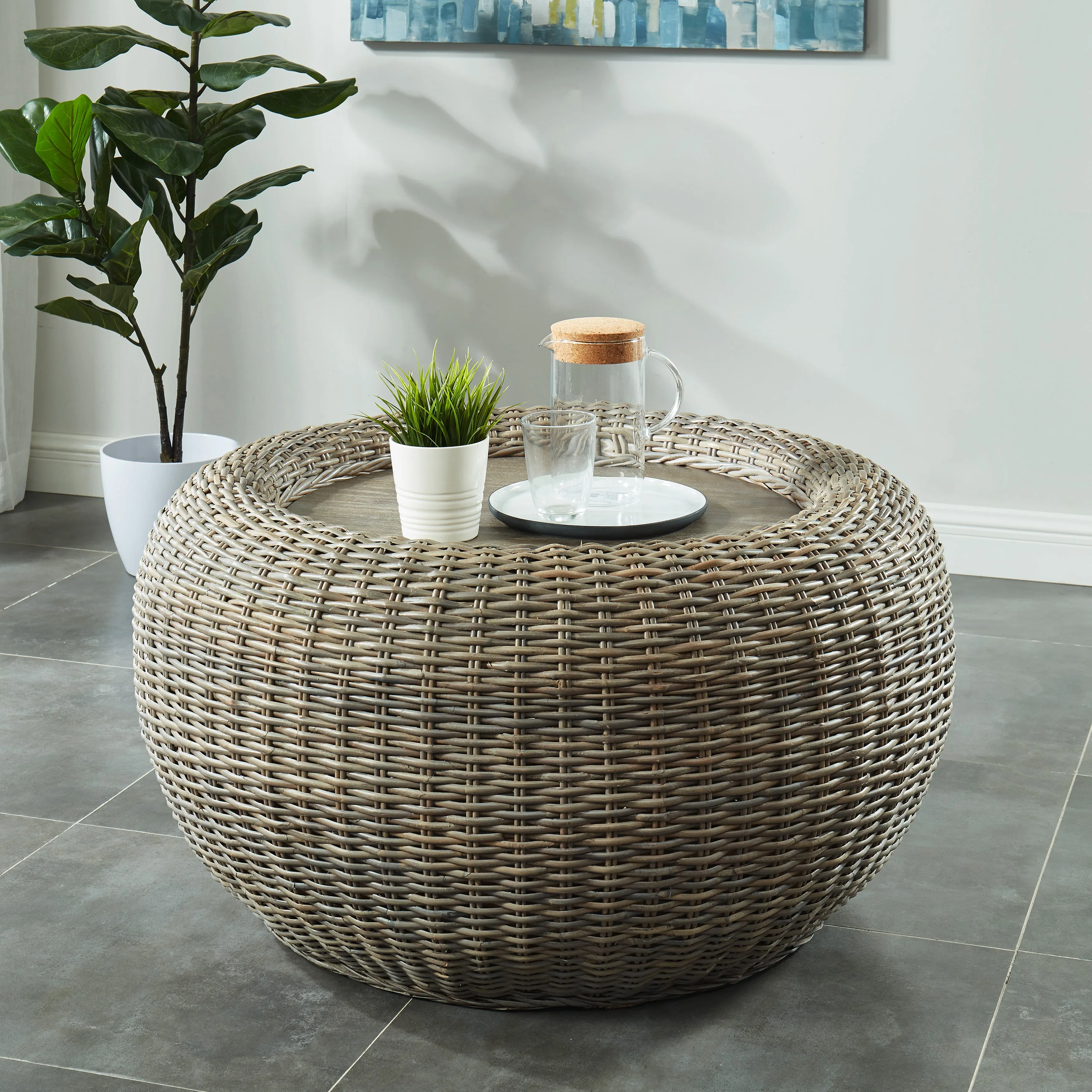 Searth Bohemian Natural Brown Round Kubu Rattan Wicker Coffee Table