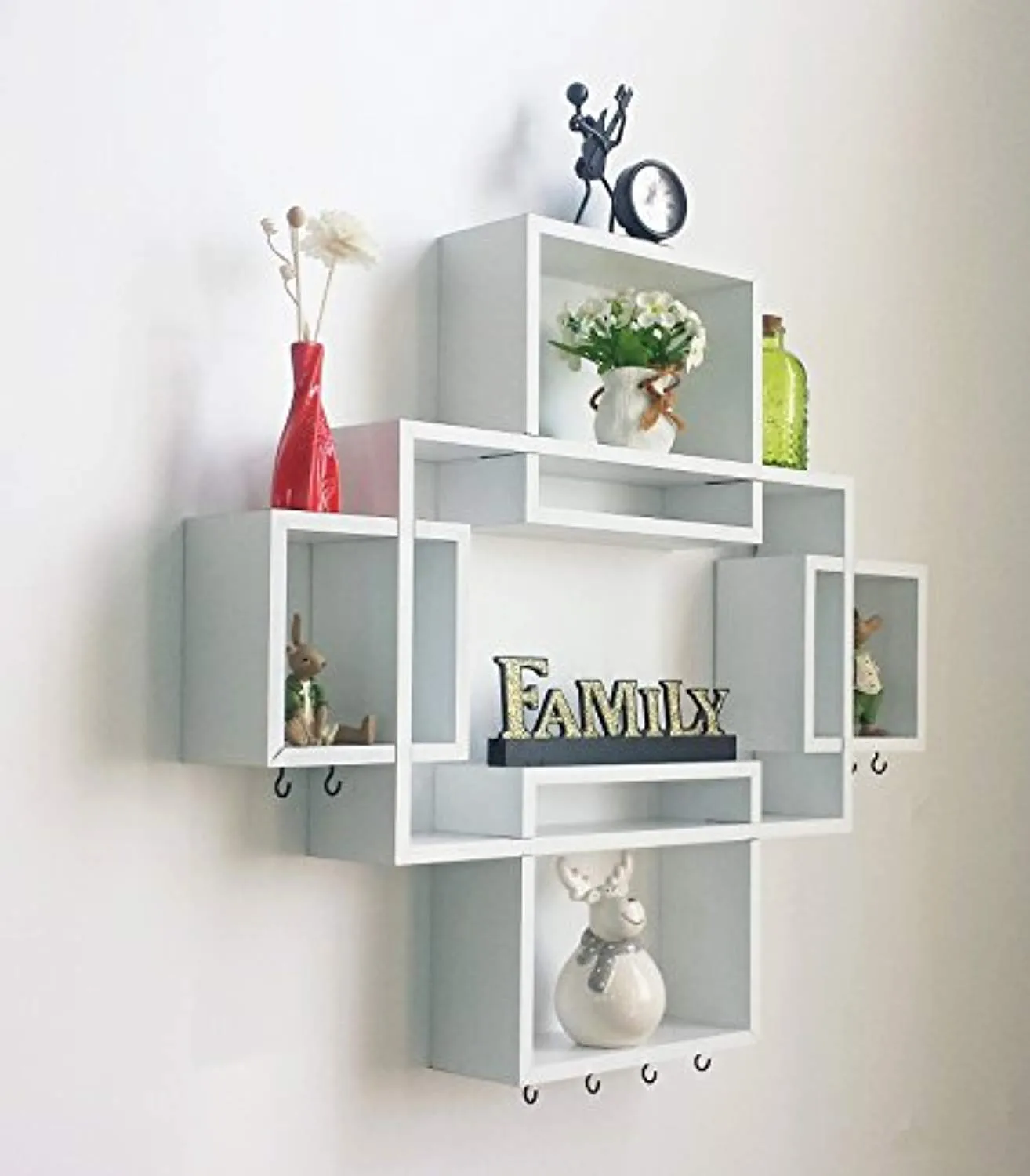 Set of 5 Cubes with Free Extra Jewellery Hooks Interlocking Wall Shelf