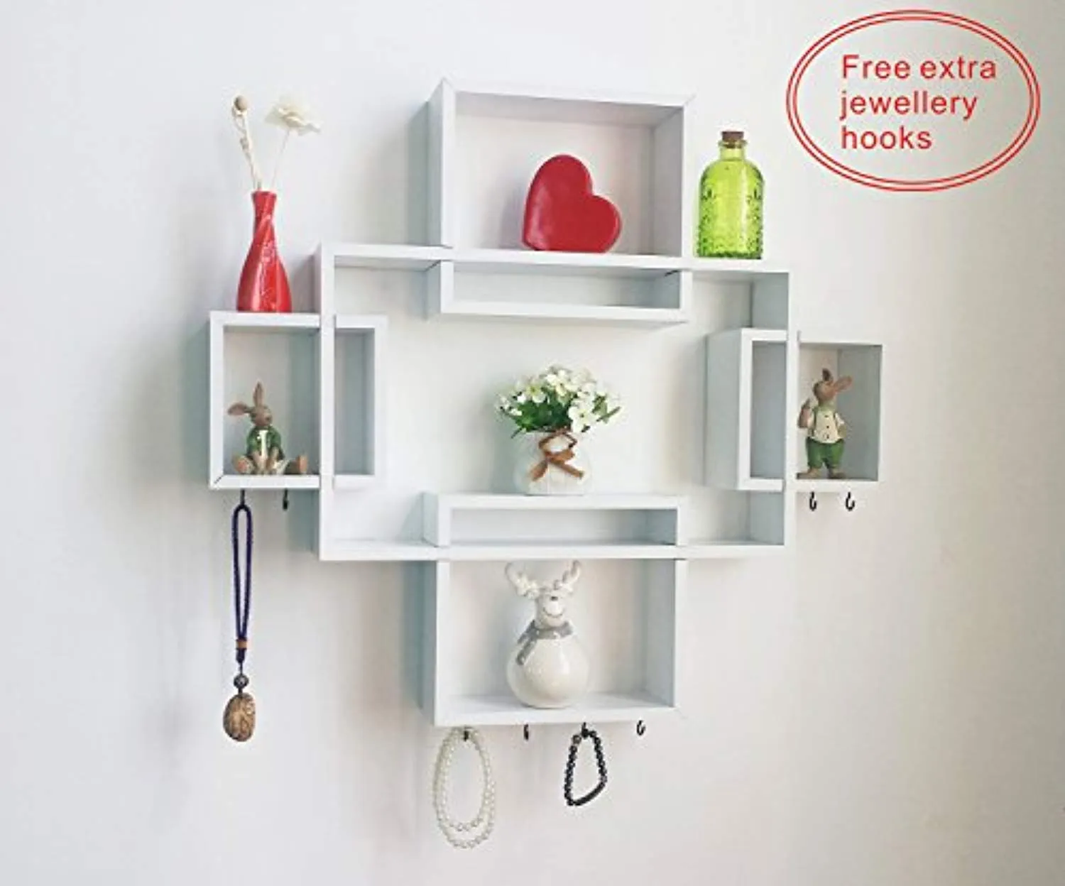 Set of 5 Cubes with Free Extra Jewellery Hooks Interlocking Wall Shelf
