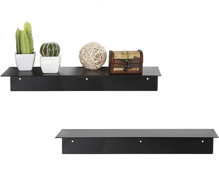 Wall Mounted Modern Black Metal Floating Display Shelf, Set of 2