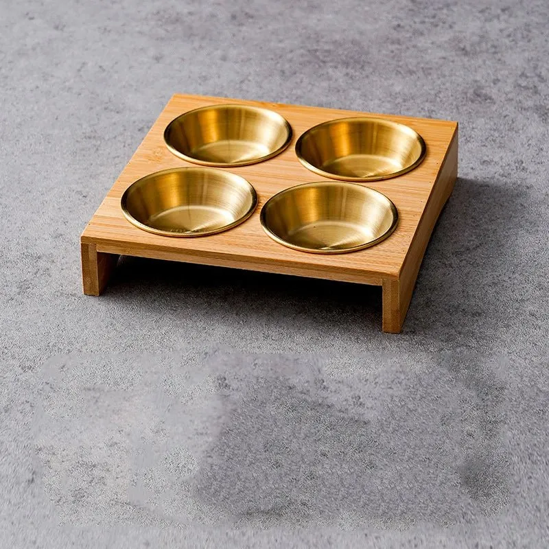 Wooden Condiment Set with Stainless Steel Dip Bowls on Bamboo Tray