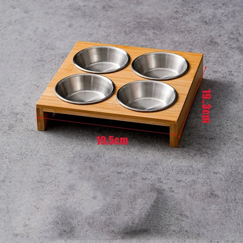 Wooden Condiment Set with Stainless Steel Dip Bowls on Bamboo Tray