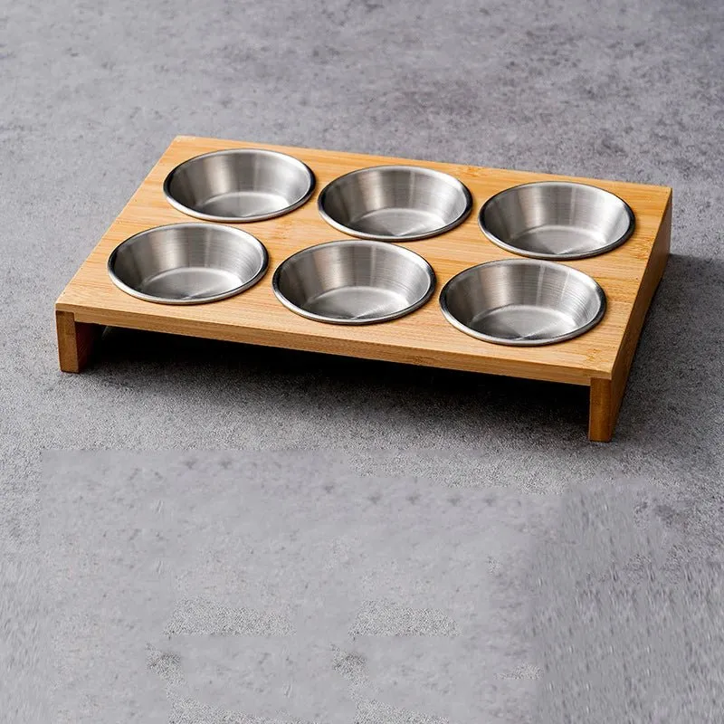 Wooden Condiment Set with Stainless Steel Dip Bowls on Bamboo Tray