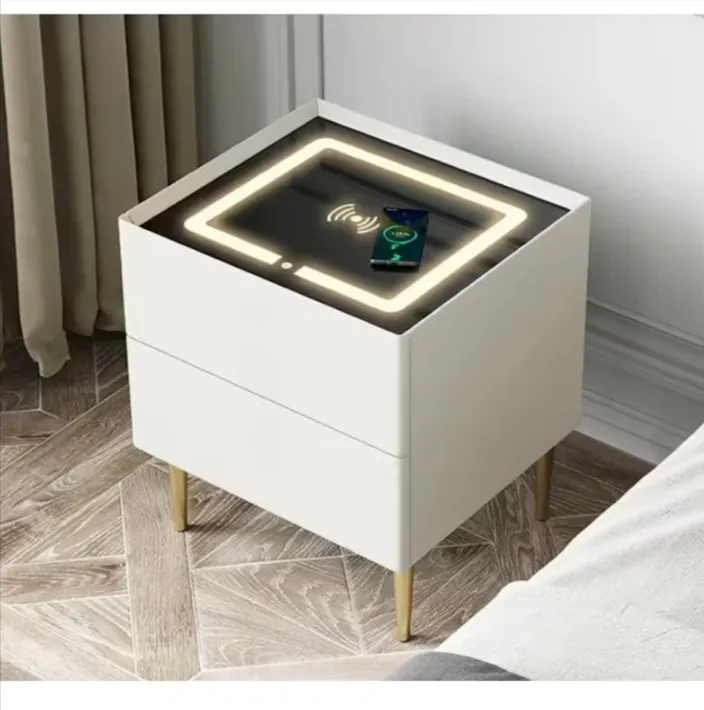 Wooden Led Fingerprint Locker Nightstand With Glass Top And 2 Drawer T-06
