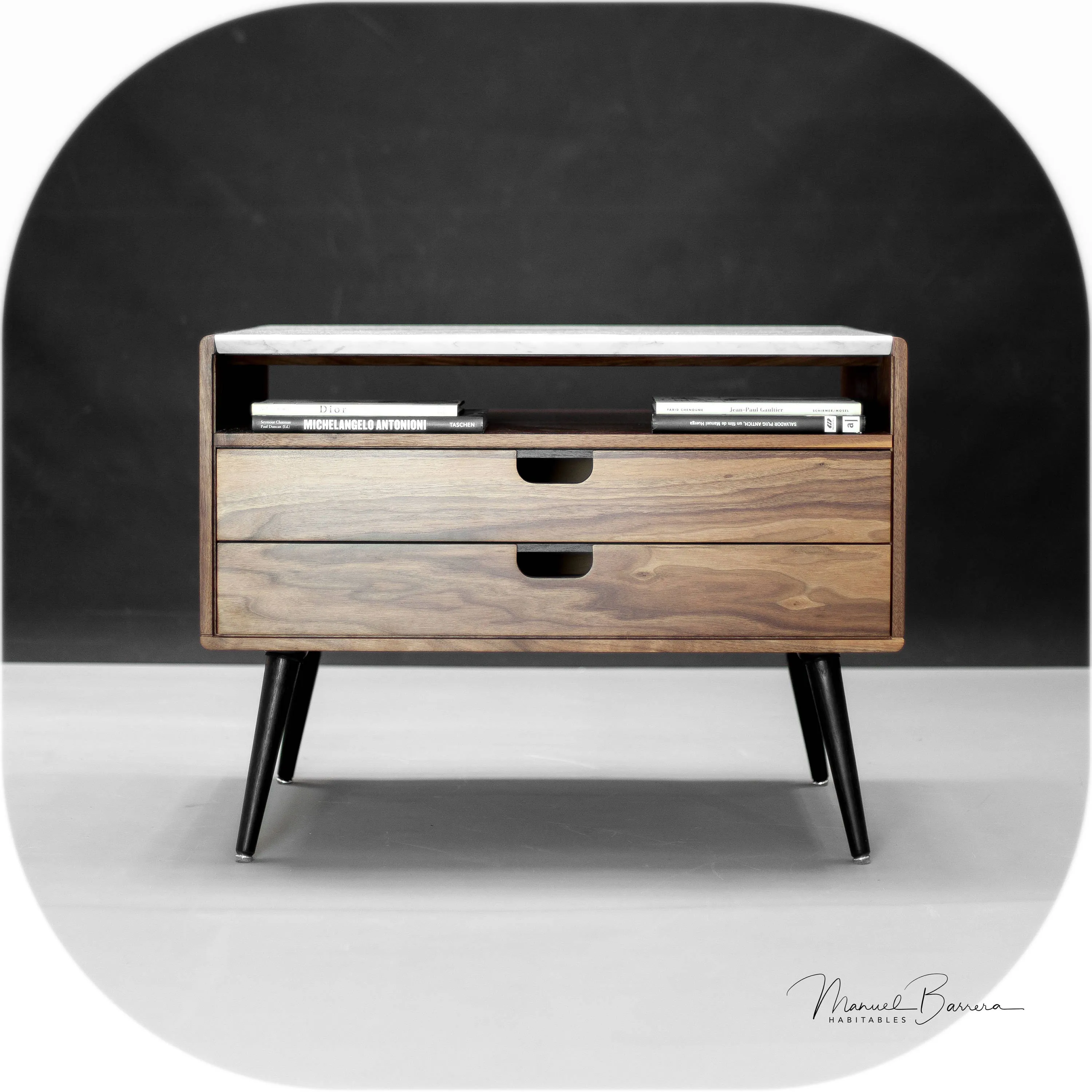 XL 2 drawer 1 shelf solid timber marble top midcentury nightstand