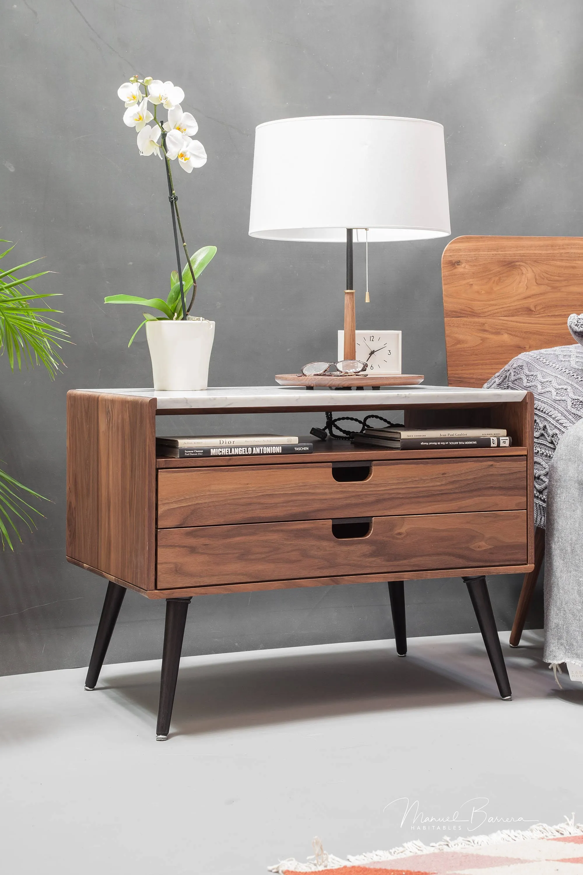 XL 2 drawer 1 shelf solid timber marble top midcentury nightstand