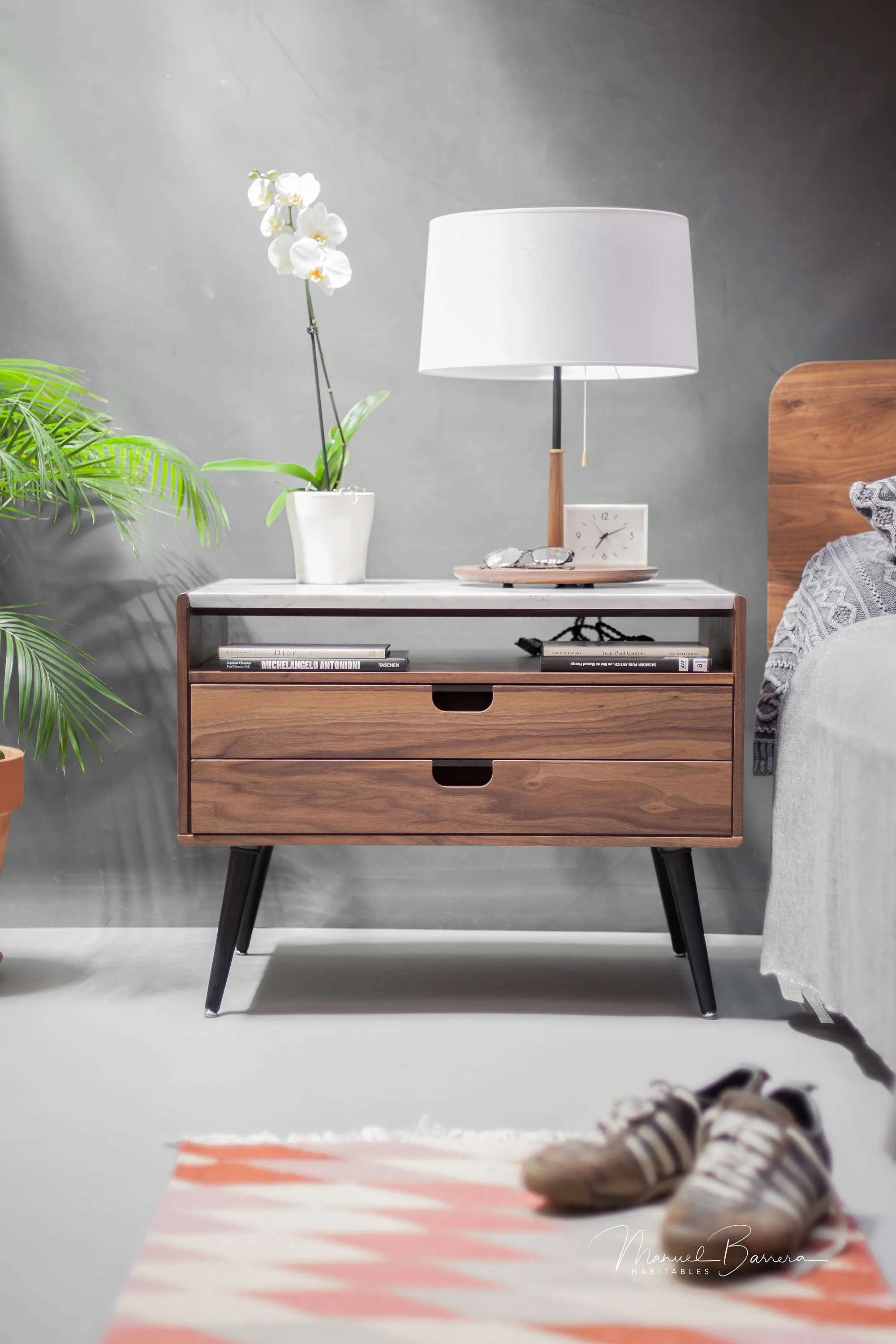 XL 2 drawer 1 shelf solid timber marble top midcentury nightstand